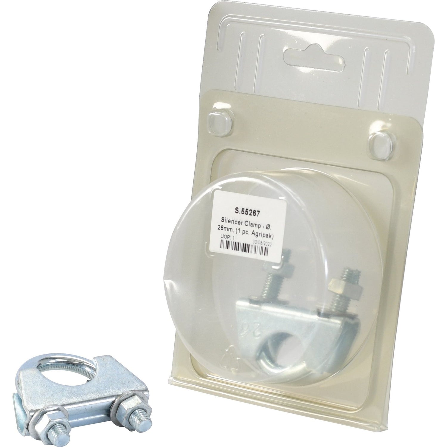 The Silencer Clamp by Sparex, part number S.55267, is displayed both in its packaging and as a loose item. This 26mm U-bolt shaped clamp includes two nuts and washers for securing. The packaged Agripak label provides detailed information about the product.