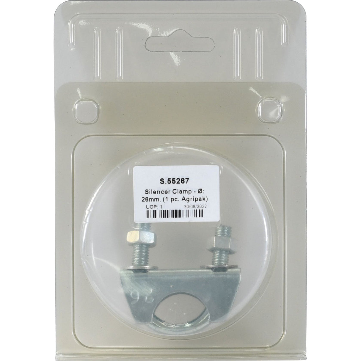 A packaged 26mm silencer clamp with bolts and nuts, labeled as Silencer Clamp - Ø: 26mm (1 pc. Agripak) | Sparex Part No. S.55267 by Sparex.