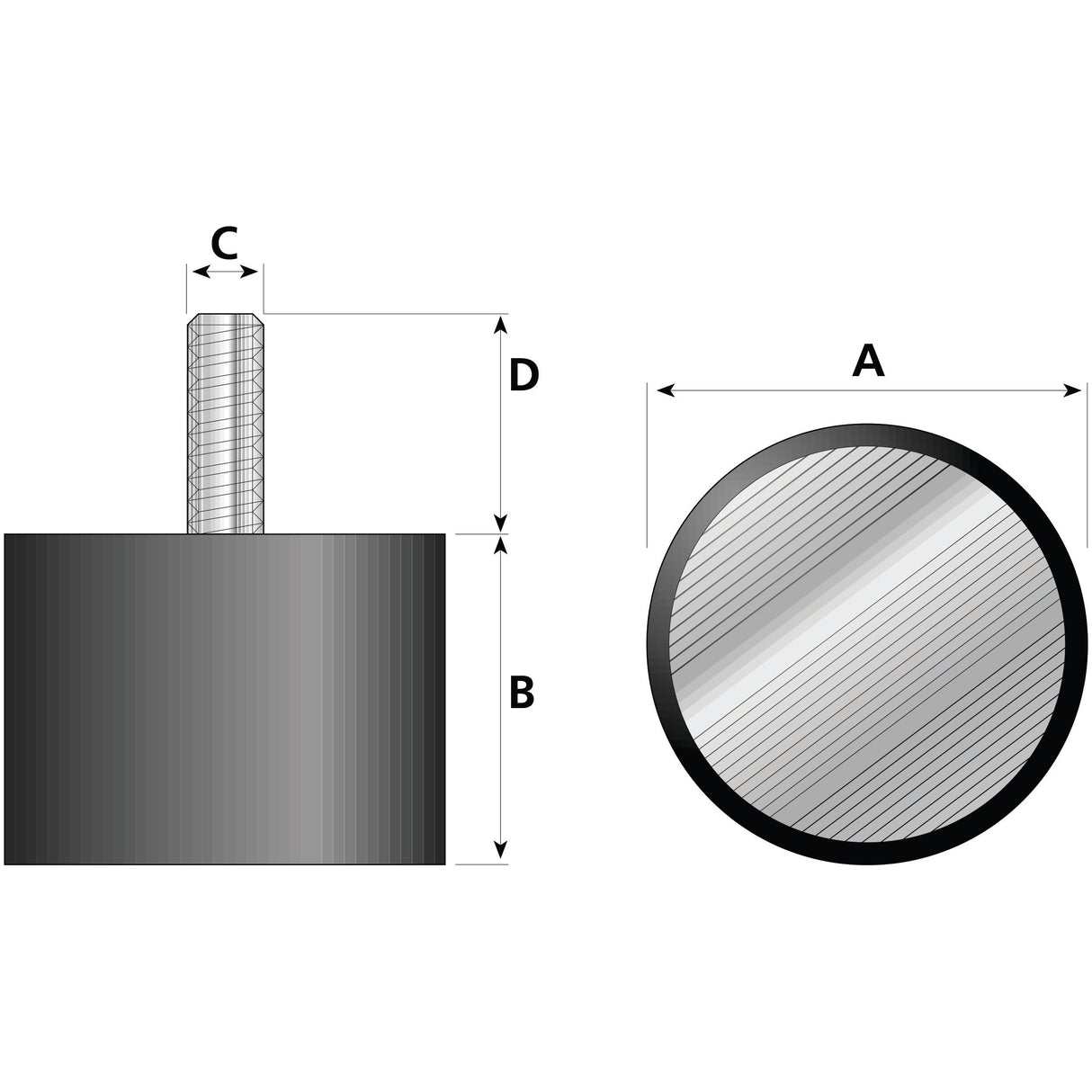 Technical drawing of the Sparex Anti Vibration Mount - Bolt to Foot (Product S.55477) with a cylindrical shape and a threaded rod featuring Metric thread type M10 extending from one end. Dimensions A (diameter), B (height excluding rod), C (diameter of the rod), and D (height including rod) are indicated.