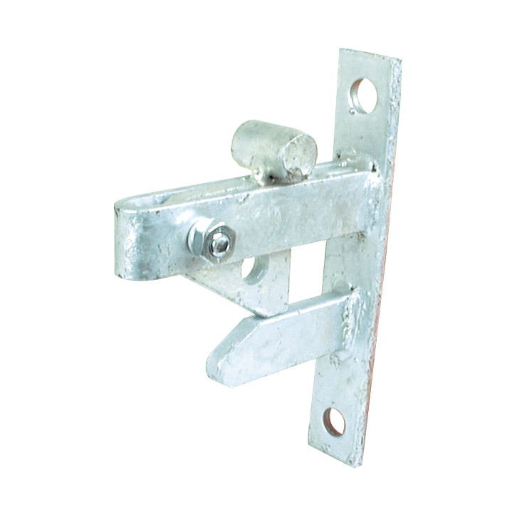 Close-up of the Sparex Gate Latch, showcasing a 163mm x 35mm galvanised silver metal plate with two Ø13mm mounting holes and a rotating locking mechanism.