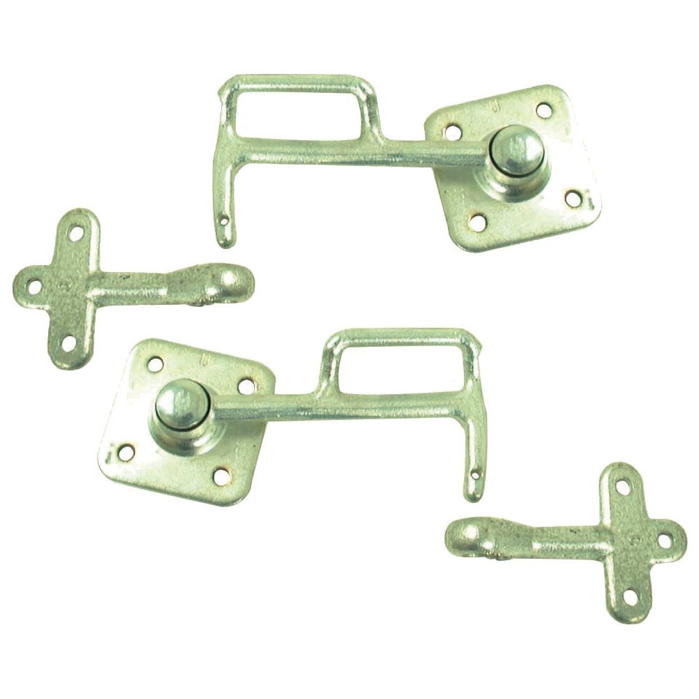 The Tailgate Lock Set (Pair) - S.55910 by Sparex includes two metal latches with matching catches, specifically designed for securing doors or gates. These latches, featuring a rectangular handle, are attached to a flat mounting plate measuring 70 x 70mm with screws. The overall length of each latch is 128mm.