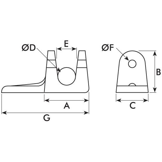 Technical diagram showing two views (side and front) of a mechanical part with labeled dimensions: ØD, ØF, A, B, C, E, and G. The part is made from Forged Steel and is specified as a Tail Board Forket - Weld On with Pin Ø27mm (130mm), under Sparex Part No. S.55918 by Sparex.