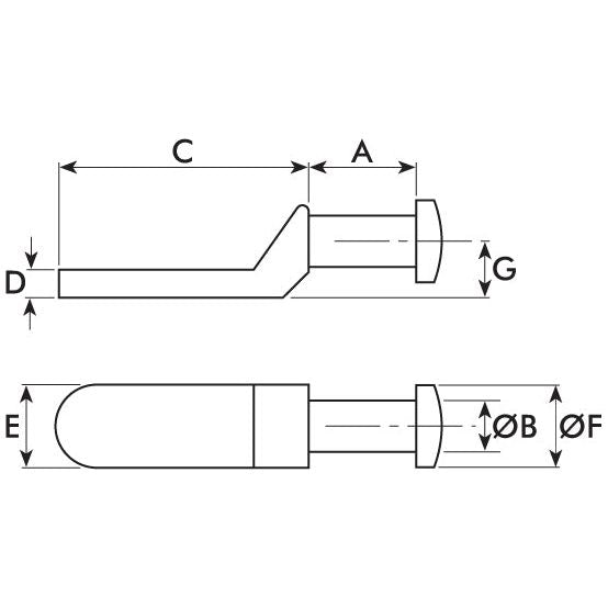 Technical drawing of the Tail Board Lug - Weld On (Sparex Part No. S.55925) with dimensions labeled as A, C, D, E, F, G, and ØB. The component has a rounded end and a stepped cylindrical section made of forged steel with an overall length of 145mm and a diameter of 3/4''.