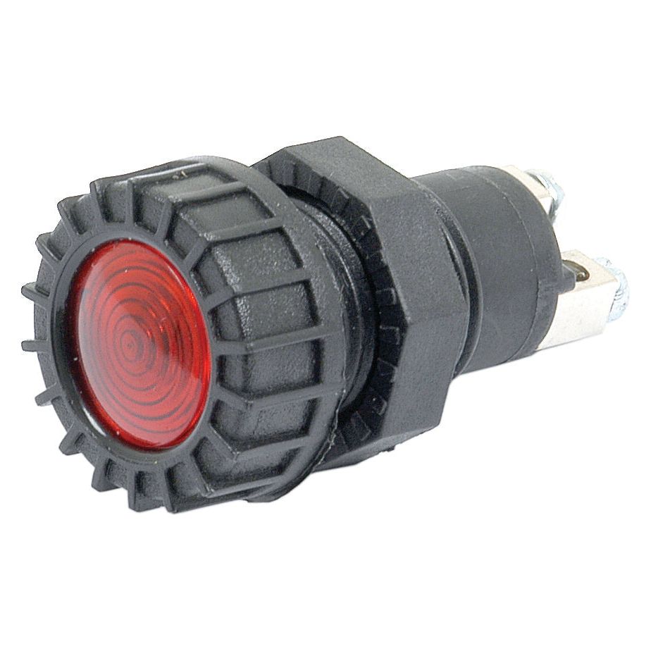 Close-up of a Sparex Panel and Dashboard Light, featuring a red halogen push button switch with ridged sides and two metal terminals, housed in a durable polycarbonate casing.