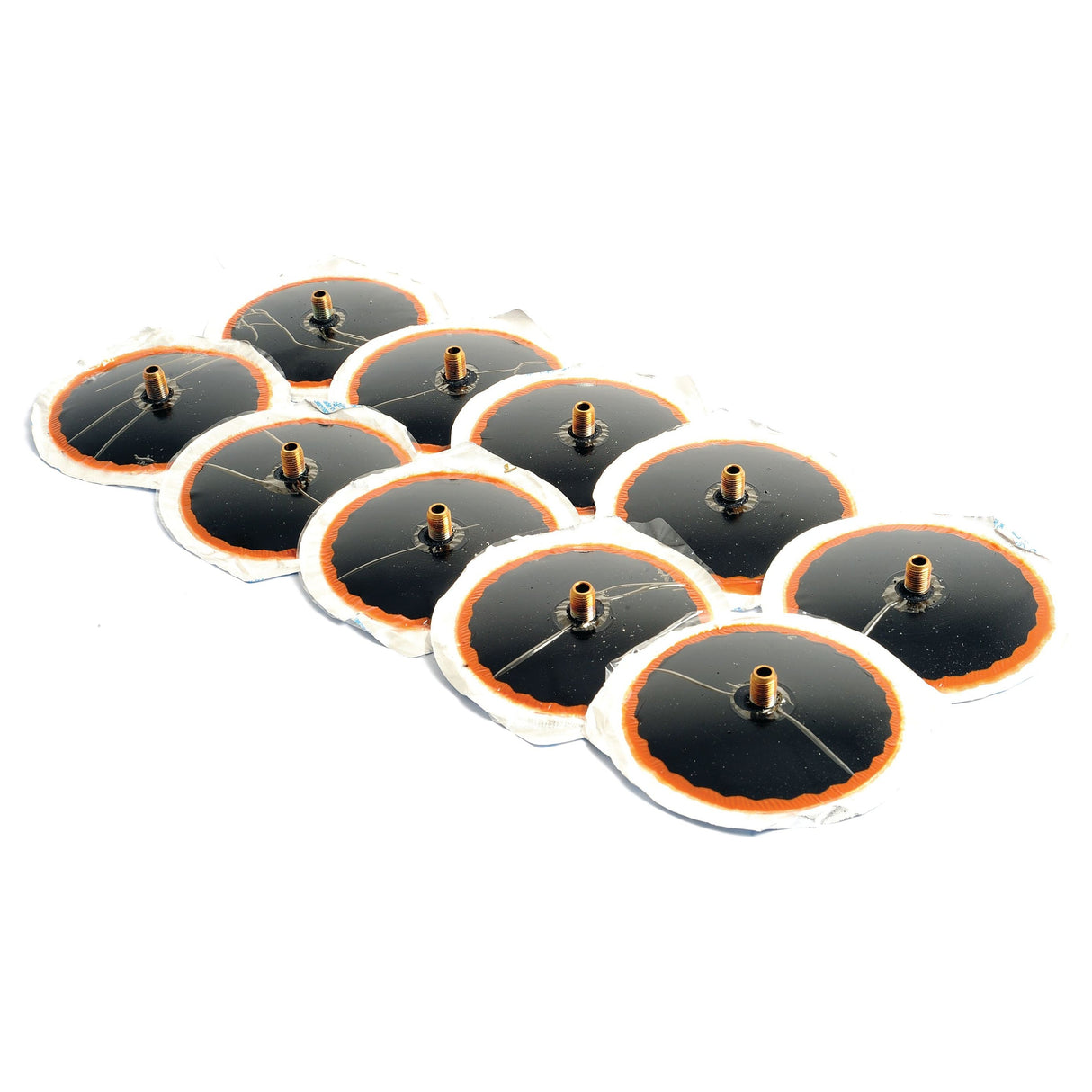 A set of Truck Tyre Valve Patch VG8 (Michelin) by Sparex, featuring black circular patches with orange rims and metal nozzles in the center, arranged in rows on a white background like Ø80mm Michelin rubber foot pads. Part No.S.56049 (10 pcs.).