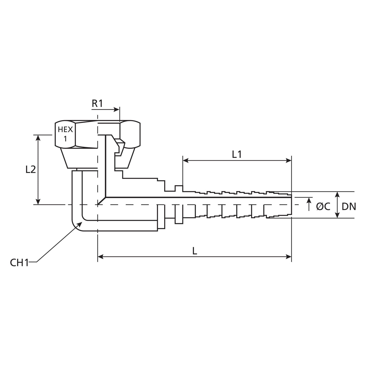 Technical drawing of a Dicsa BSP 60° Hose Insert 1/2'' x 1/2'' Female Thread with a 90° Compact Swivel (Sparex Part No. S.56118). The diagram includes various labeled dimensions such as L1, L2, L, R1, ⌀C, and DN. Additionally, it features a hexagonal nut labeled HEX 1 and a noted section CH1.