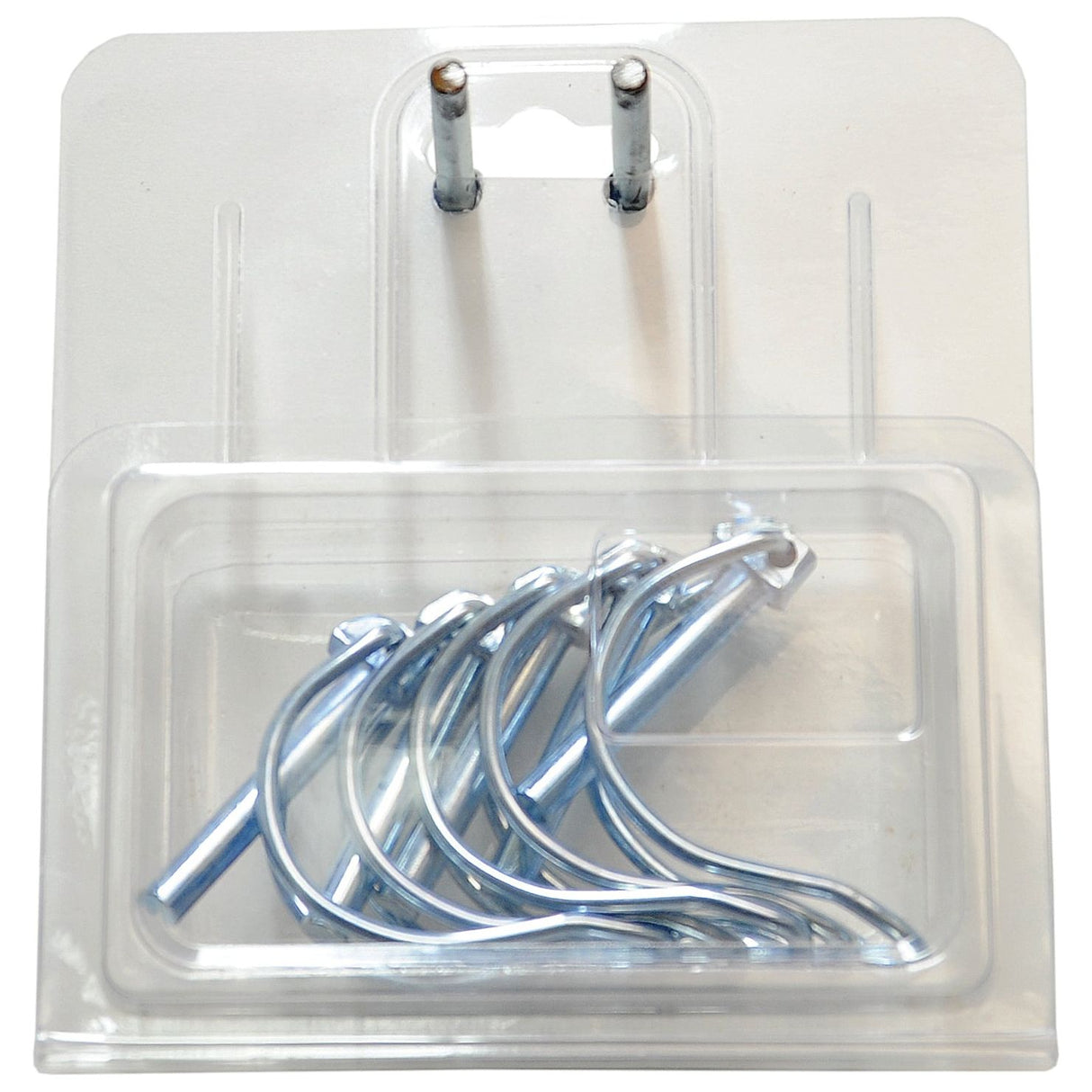 The Sparex Pipe Linch Pin, Pin Ø6mm x 40mm (5 pcs. Agripak) package includes several metal cotter pins and features a hanging slot along with two metal prongs at the top.