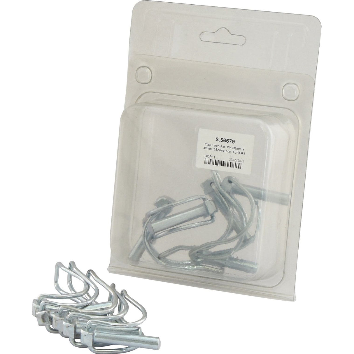 Packaged Sparex Pipe Linch Pins (Ø8mm x 38mm, 5 pcs) displayed inside a clear clamshell container with a printed Agripak label, Part No. S.56679.