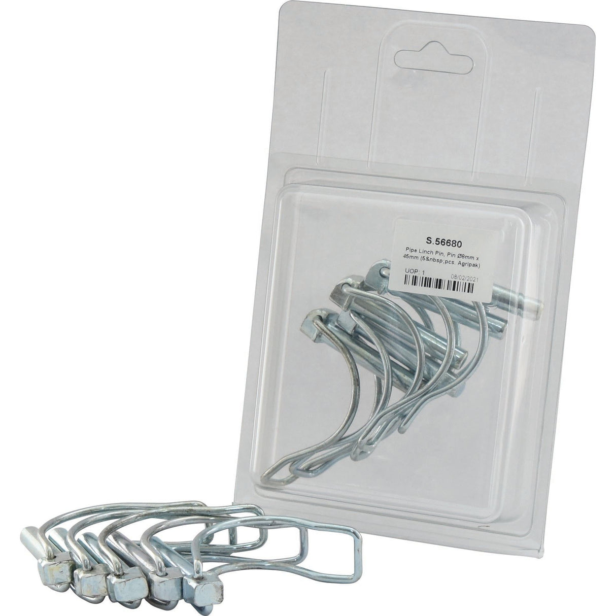 A set of Sparex Pipe Linch Pins, each with a diameter of 8mm and a length of 45mm, is packaged in an Agripak-branded package. The transparent packaging reveals five visible pins with additional pins inside. A product label featuring a barcode is affixed to the package, which corresponds to Sparex Part No. S.56680.