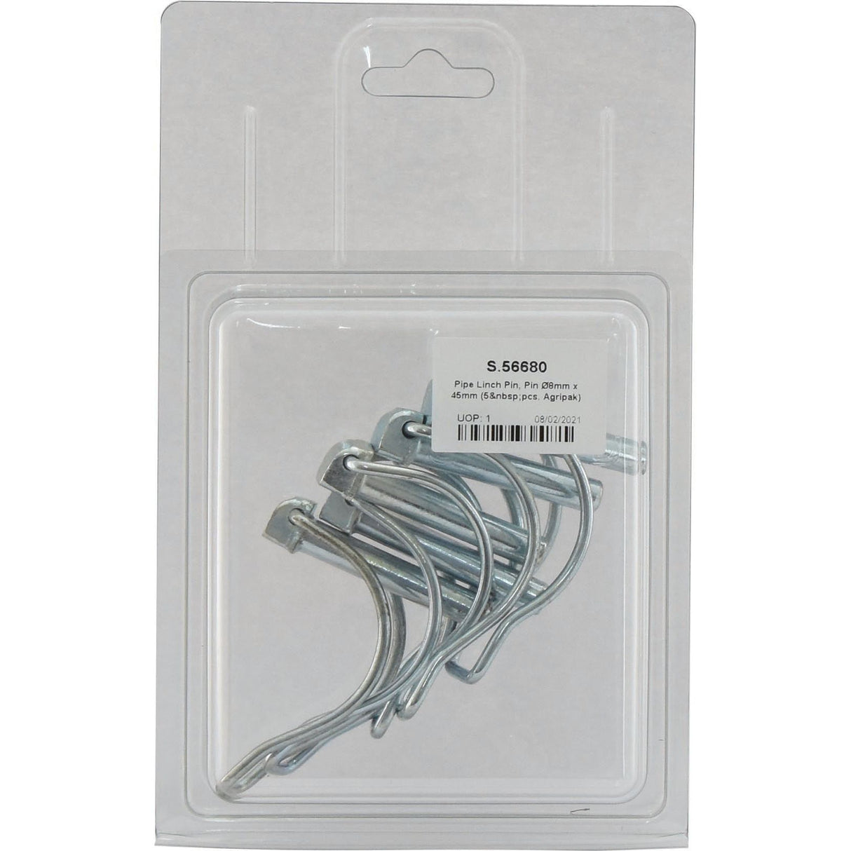 Image of a retail blister pack containing multiple metal pipe linch pins by Sparex. The packaging features a label with product information and a barcode, labeled as Pipe Linch Pin, Pin Ø8mm x 45mm (5 pcs. Agripak) | Sparex Part No.S.56680.