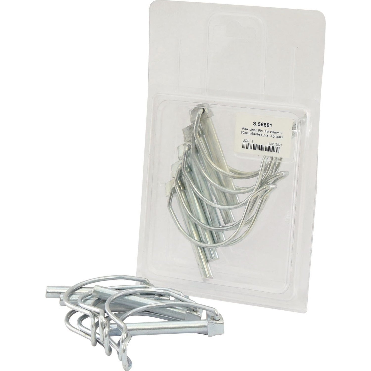 A partially opened Sparex Agripak package labeled as Pipe Linch Pin, Pin Ø8mm x 60mm (5 pcs. Agripak) with part number S.56681 shows some pins laid out in front of the packaging against a white background.