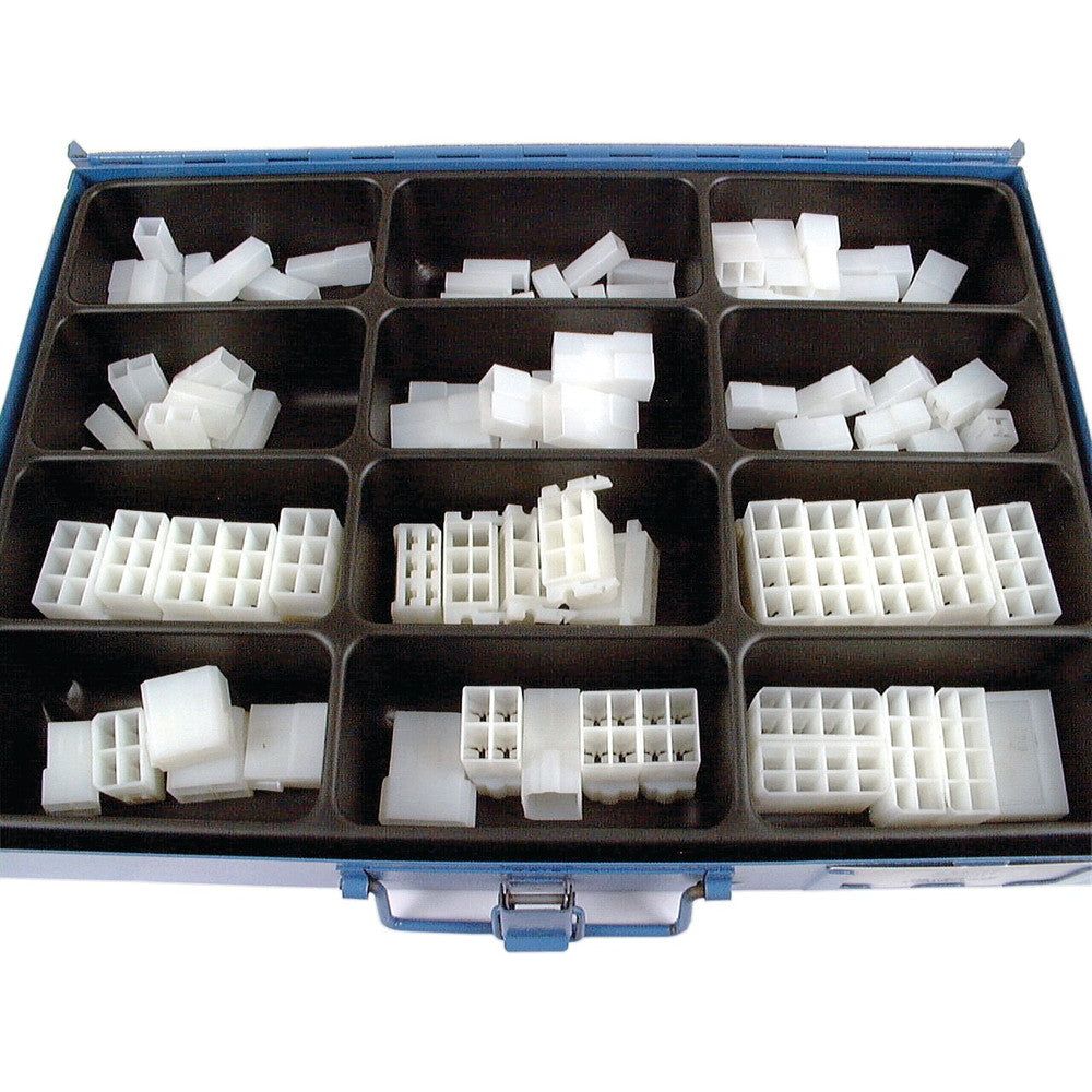 The Electrical Connector Housings Metalpak (105 pieces), with Sparex Part No. S.56786, by Sparex, is a compartmentalized metal box filled with assorted white plastic connectors, organized neatly within individual connector housings. This convenient Sparex storage solution ensures that each component is easy to find and ready when needed.