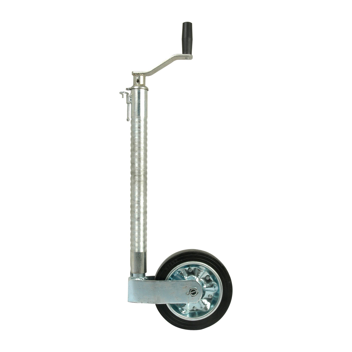 Introducing the Sparex Jockey Wheel Jack, Tube Ø 48mm - S.56844, a heavy-duty steel trailer jack equipped with a black handle and a single wheel at its base. This versatile tool is designed to effortlessly raise and lower trailers, thanks to its adjustable height feature. An essential replacement part for any trailer owner.