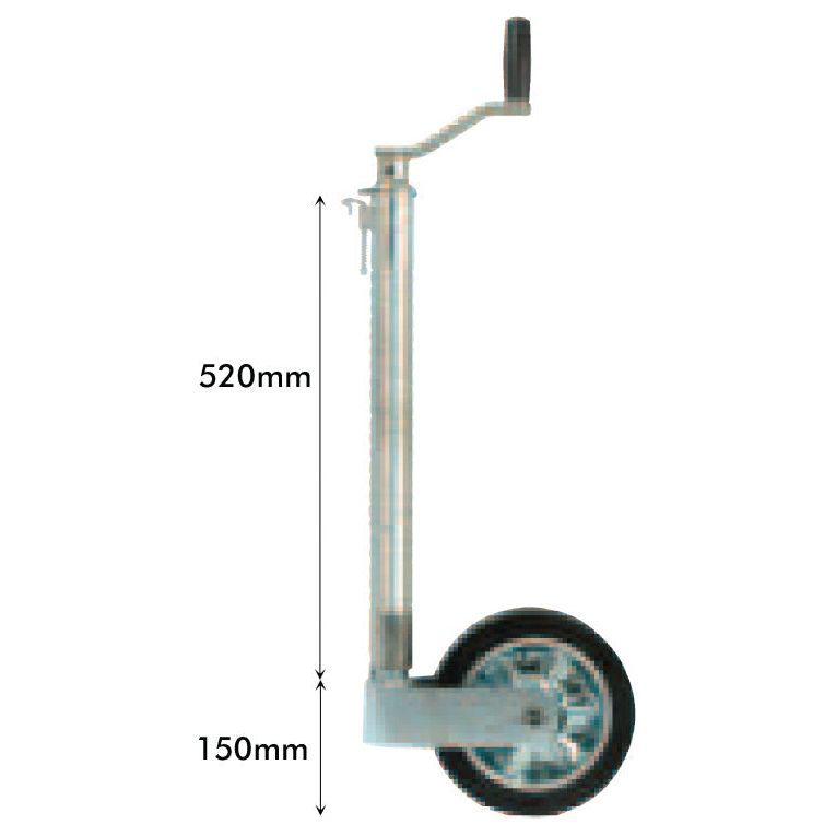 Side view of the Jockey Wheel Jack, Tube Ø 48mm - S.56844 by Sparex, an adjustable trailer jack made from heavy-duty steel with a wheel, showing measurements of 520mm for height and 150mm for wheel diameter.