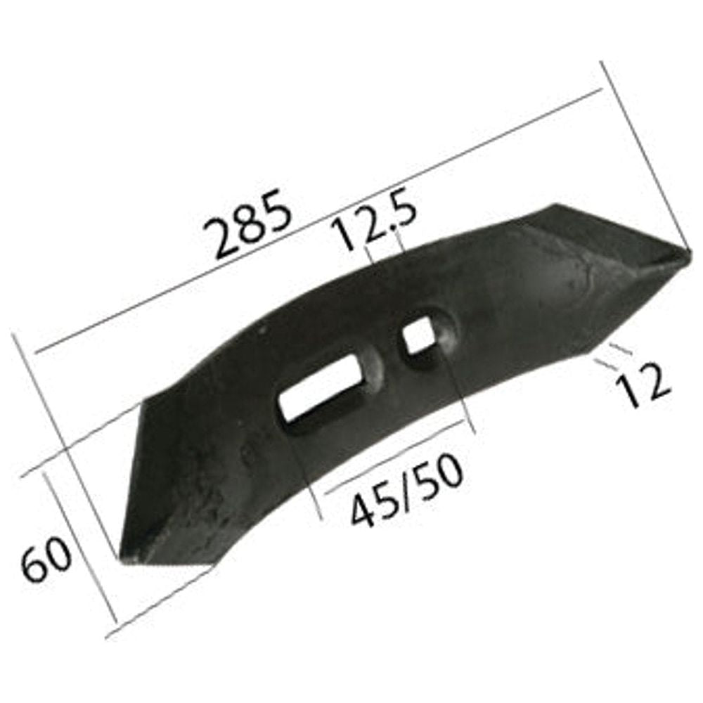A black metal part, described as the Sparex S.57077 Reversible Point, with dimensions of 285 mm in length, 60 mm in width, and 12 mm in thickness. It features a hole spacing between two rectangular slots of 45 mm and 50 mm and includes a Ø16mm hole. This part serves as an ideal replacement for Kuhn machinery.