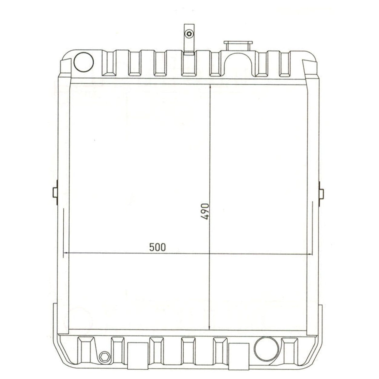 Technical drawing of a square-shaped mechanical part with dimension labels reading 500mm for width and 490mm for height. It includes details of edges, corners, and cylindrical protrusions. This part is compatible with the Sparex Radiator Cap - S.57260 or a 4 Row Radiator.