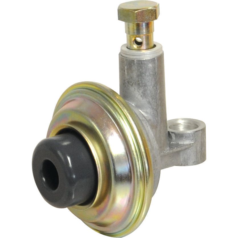 A metal automotive part with a cylindrical body, a round flange, and a bolt on top, commonly used as a fuel lift pump in Ford New Holland and Case IH vehicles. This product is known as the Fuel Lift Pump | Sparex Part No.S.57446 from the brand Sparex.