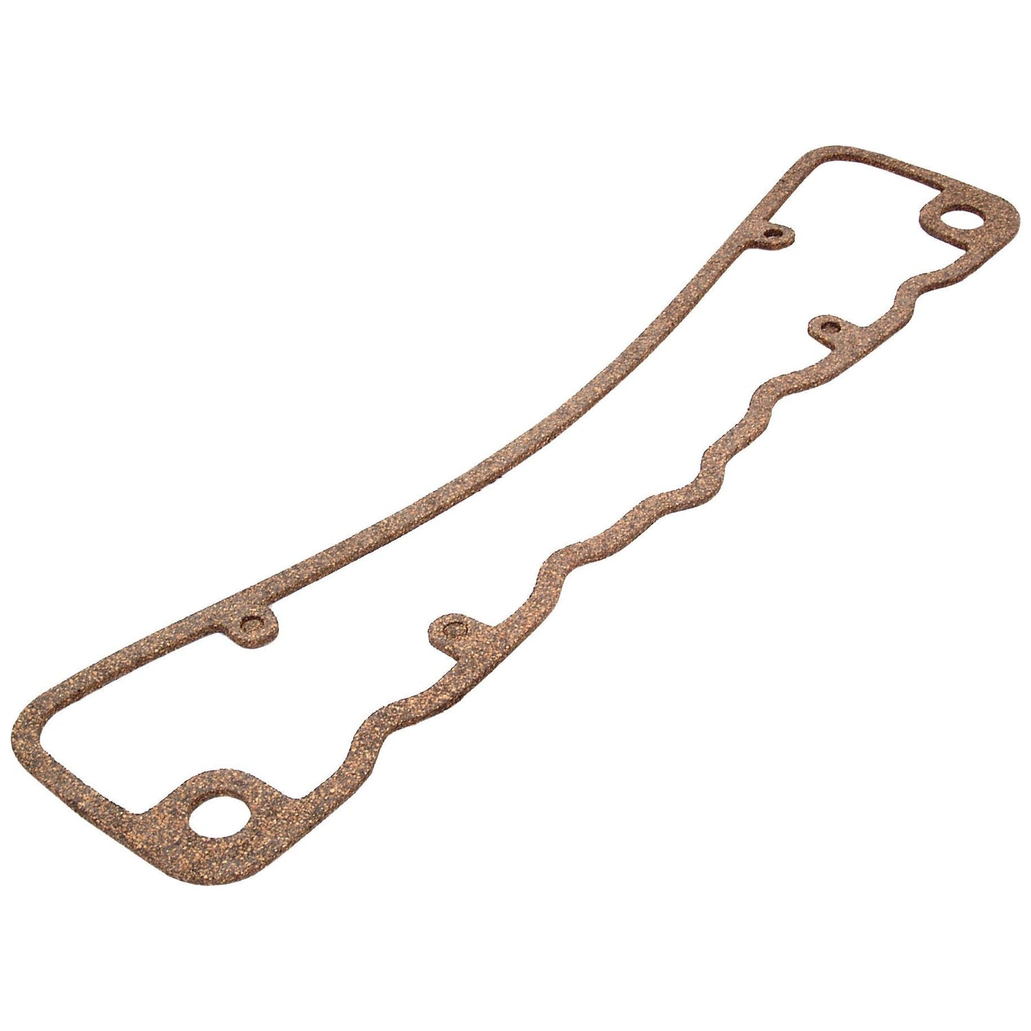 A curved brown cork rocker cover gasket with multiple holes and indentations, designed for sealing David Brown Engine parts. This is the Sparex Rocker Cover Gasket - 4 Cyl. (Sparex Part No.S.57557).