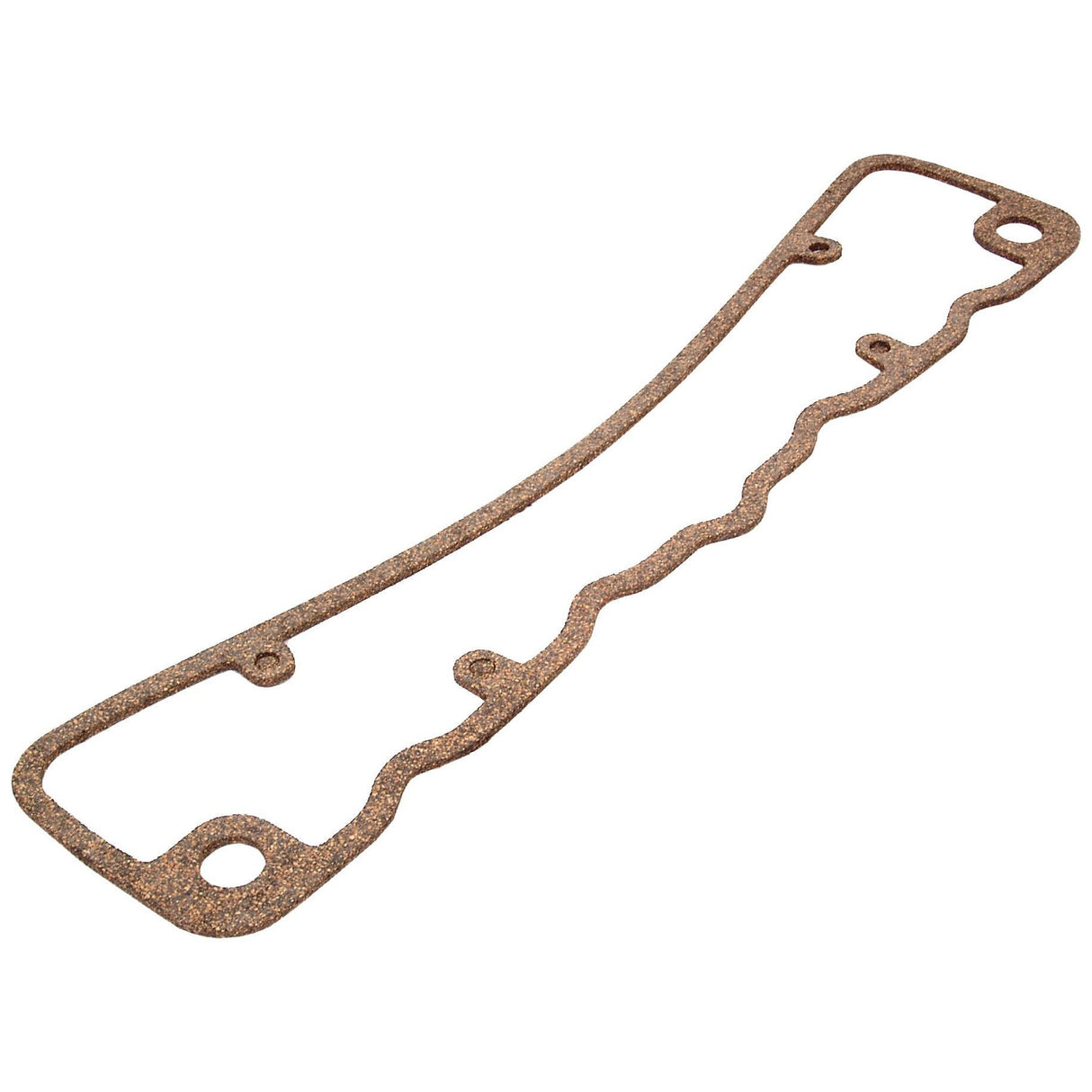 A curved brown cork rocker cover gasket with multiple holes and indentations, designed for sealing David Brown Engine parts. This is the Sparex Rocker Cover Gasket - 4 Cyl. (Sparex Part No.S.57557).