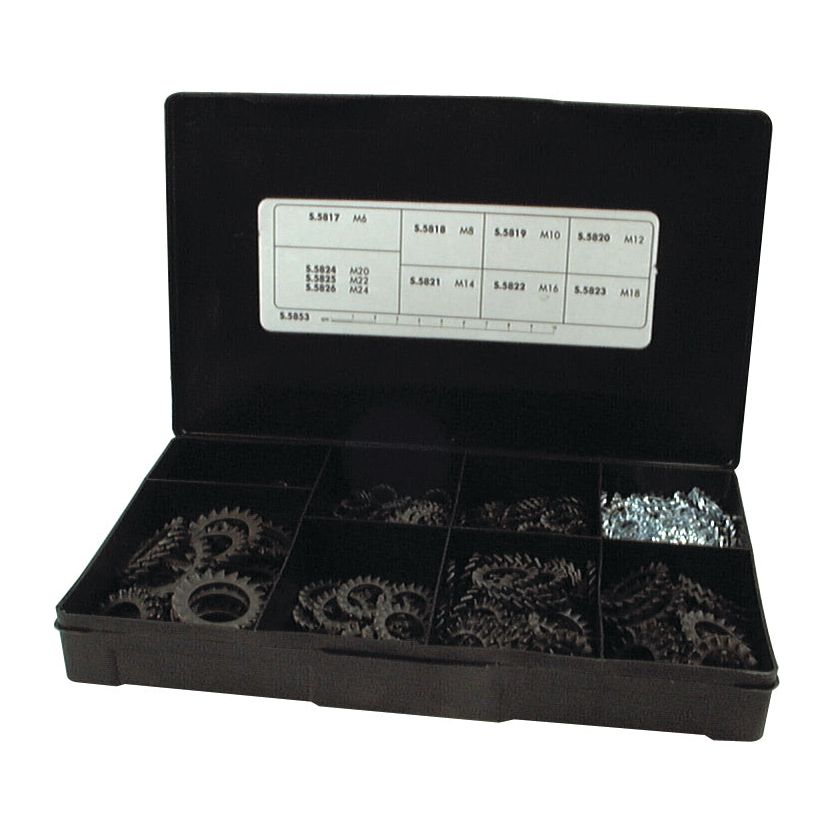 The Sparex Metric External Shakeproof Washers Handipak (Part No. S.5853) contains 410 pieces of various metallic gear washers and other small hardware components, all organized in a black plastic box divided into multiple compartments. A label inside the lid lists measurements and part numbers for easy reference.