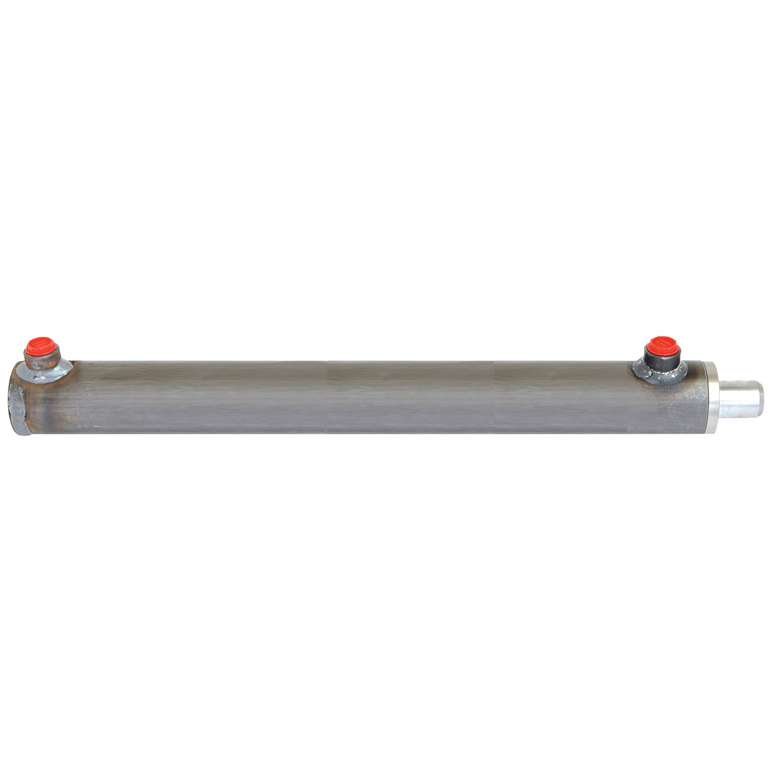 The Sparex Hydraulic Double Acting Cylinder Without Ends, 25 x 40 x 400mm (Part No. S.59206), boasts a durable metal construction with two red-capped ports on top and mounting points on each end.