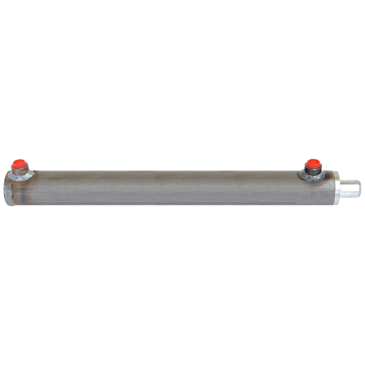 The Sparex Hydraulic Double Acting Cylinder Without Ends, 25 x 40 x 400mm (Part No. S.59206), boasts a durable metal construction with two red-capped ports on top and mounting points on each end.