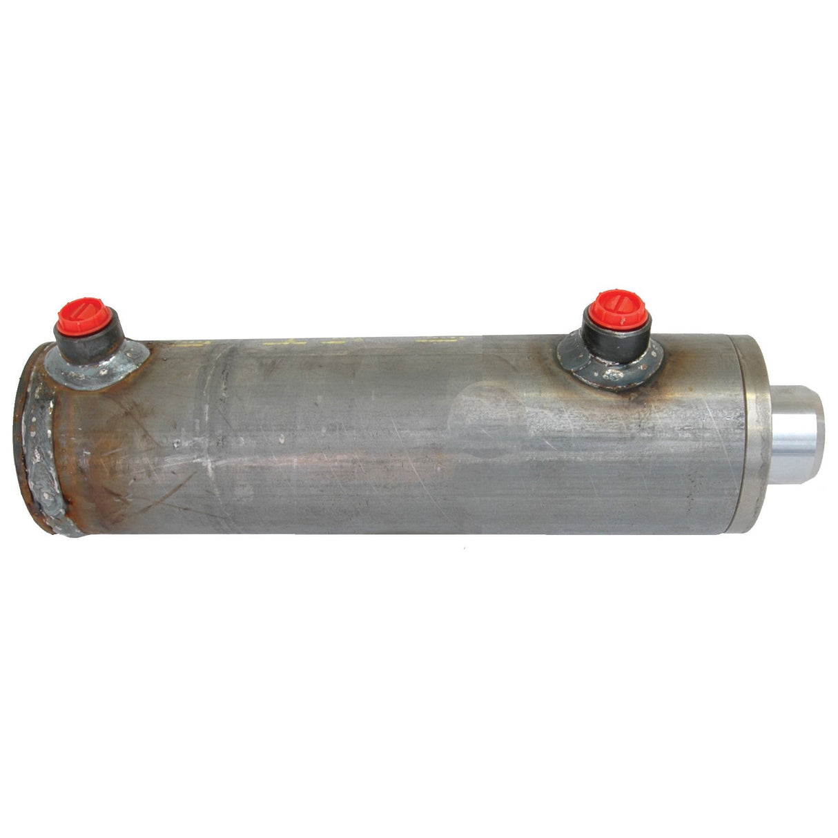 The Sparex Hydraulic Double Acting Cylinder Without Ends, 40 x 70 x 150mm (Sparex Part No. S.59242), features a cylindrical metal component with two red-capped openings and one metallic end. The surface exhibits signs of wear and discoloration in certain areas.