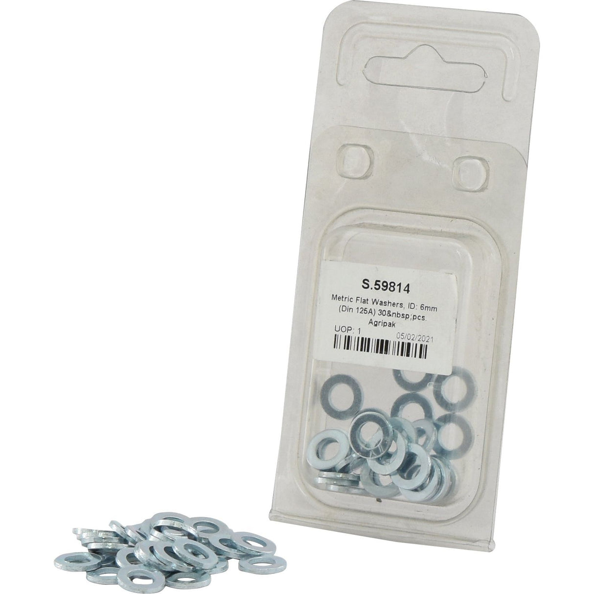 A plastic package labeled "Sparex Part No. S.59814 Metric Flat Washers, ID: 6mm (DIN Standard No. DIN 125A), 30 pcs Agripak" with some zinc-plated metal washers spilled out in front of it.
