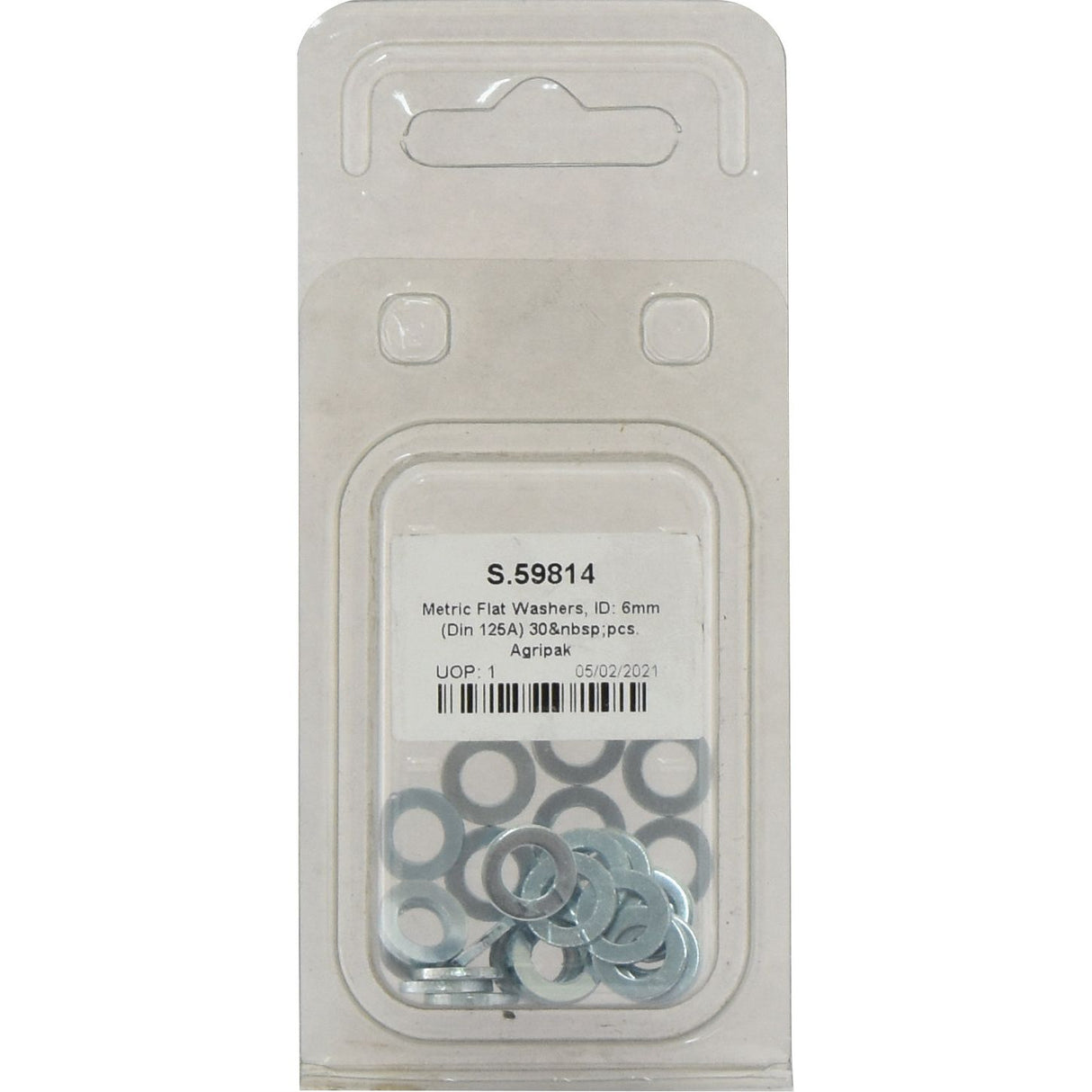 A package of Sparex metric flat washers with an inside diameter of 6mm, containing 30 zinc-plated pieces. The product is labeled with part number S.59814 and packaged by Agripak on 05/02/2021.