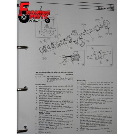 An illustrated guide from the AGCO Massey Ferguson - 600 Series Workshop Manual - 1856274M2 showcasing the parts and disassembly process of a water pump for specific engines, including the 600 Series. Includes diagrams, part labels, and detailed step-by-step instructions for Massey Ferguson models.