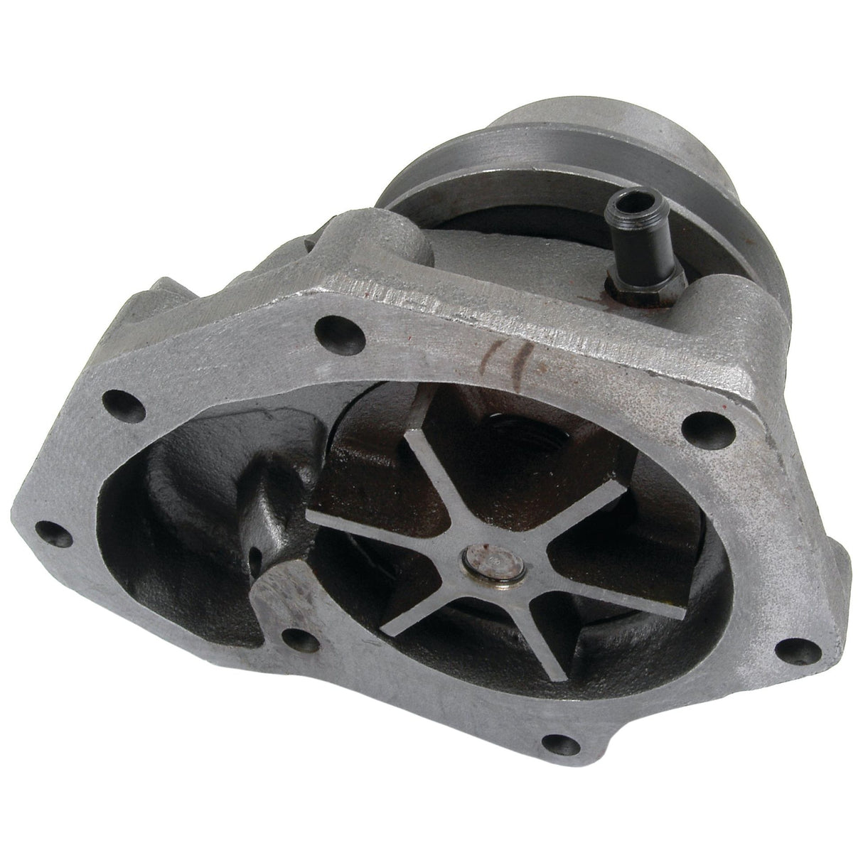 Sure! Here is the sentence rewritten using the given product data:
Sparex's Water Pump Assembly (Supplied with Pulley) - S.60439 features an industrial metallic component with a hexagonal star-shaped rotor, V-Style Pulley, and several bolt holes.