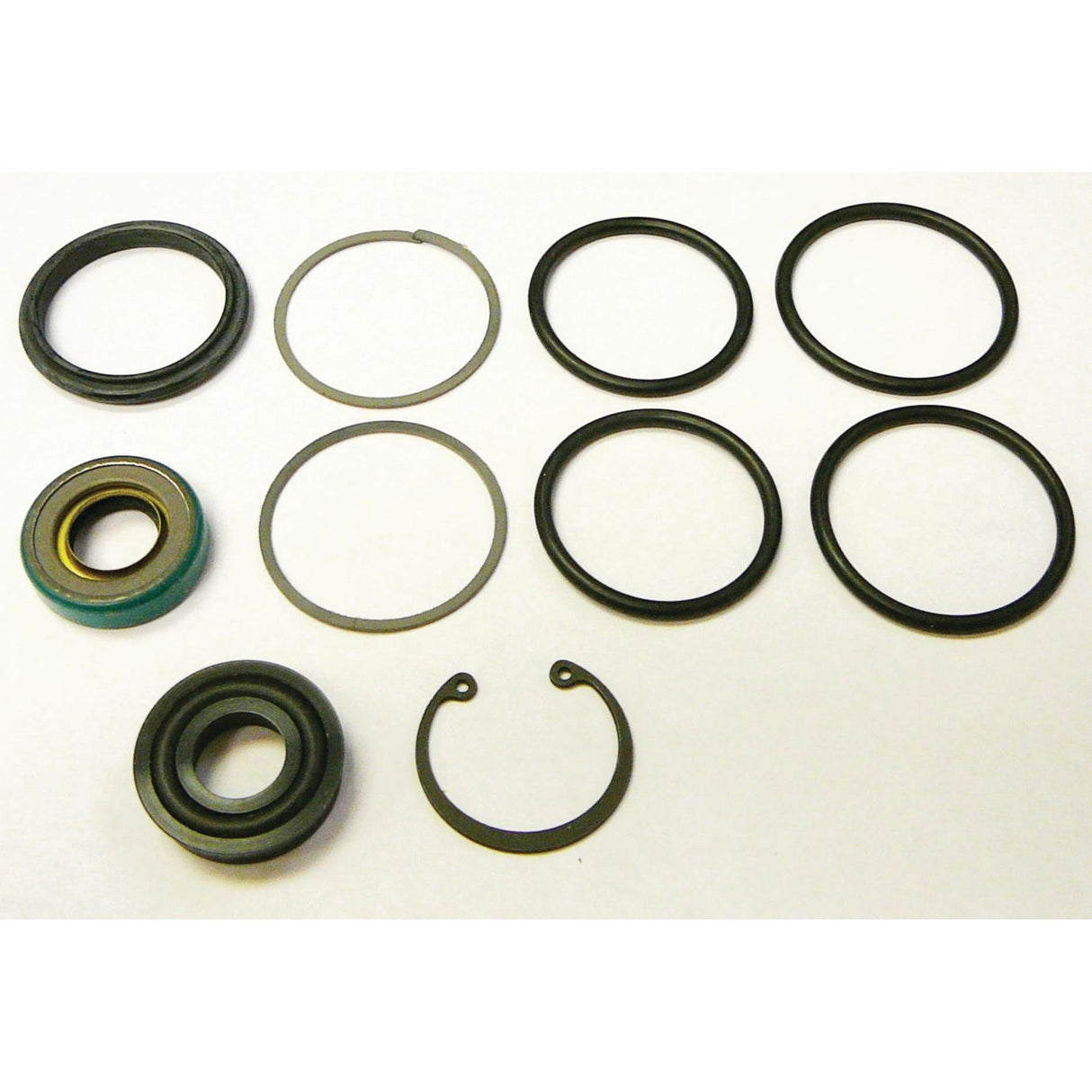 Various types of seals, rings, and gaskets are displayed in a grid arrangement on a white background, showcasing the precision parts included in the Sparex S.60666 Steering Cylinder Repair Kit.