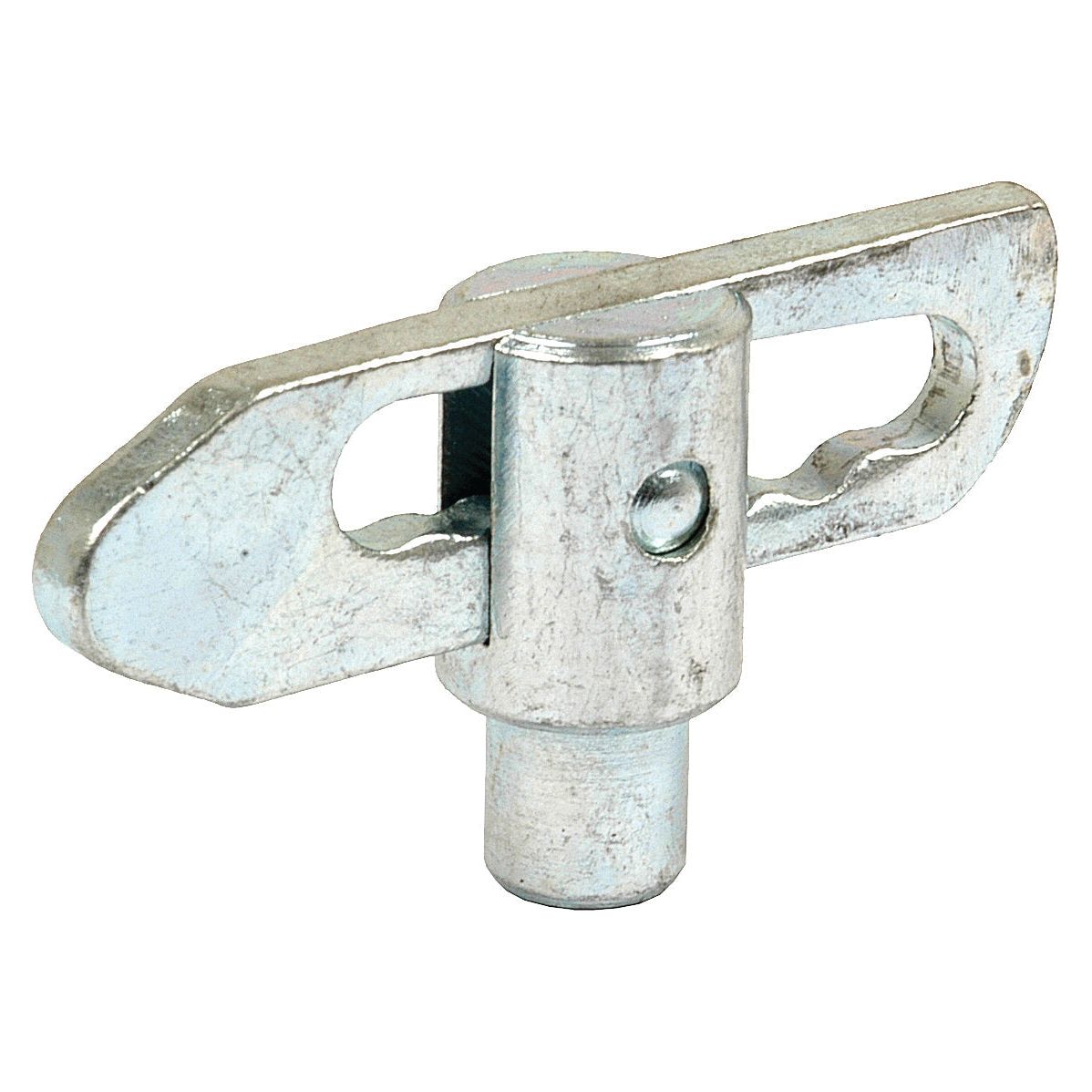 A Sparex Droplok Pin - Weld on type (13mm) with a cylindrical base and a flat lever mechanism, perfect for weld-on applications. The silver latch comes with detailed manufacturer information, identifiable as Sparex Part No. S.649.