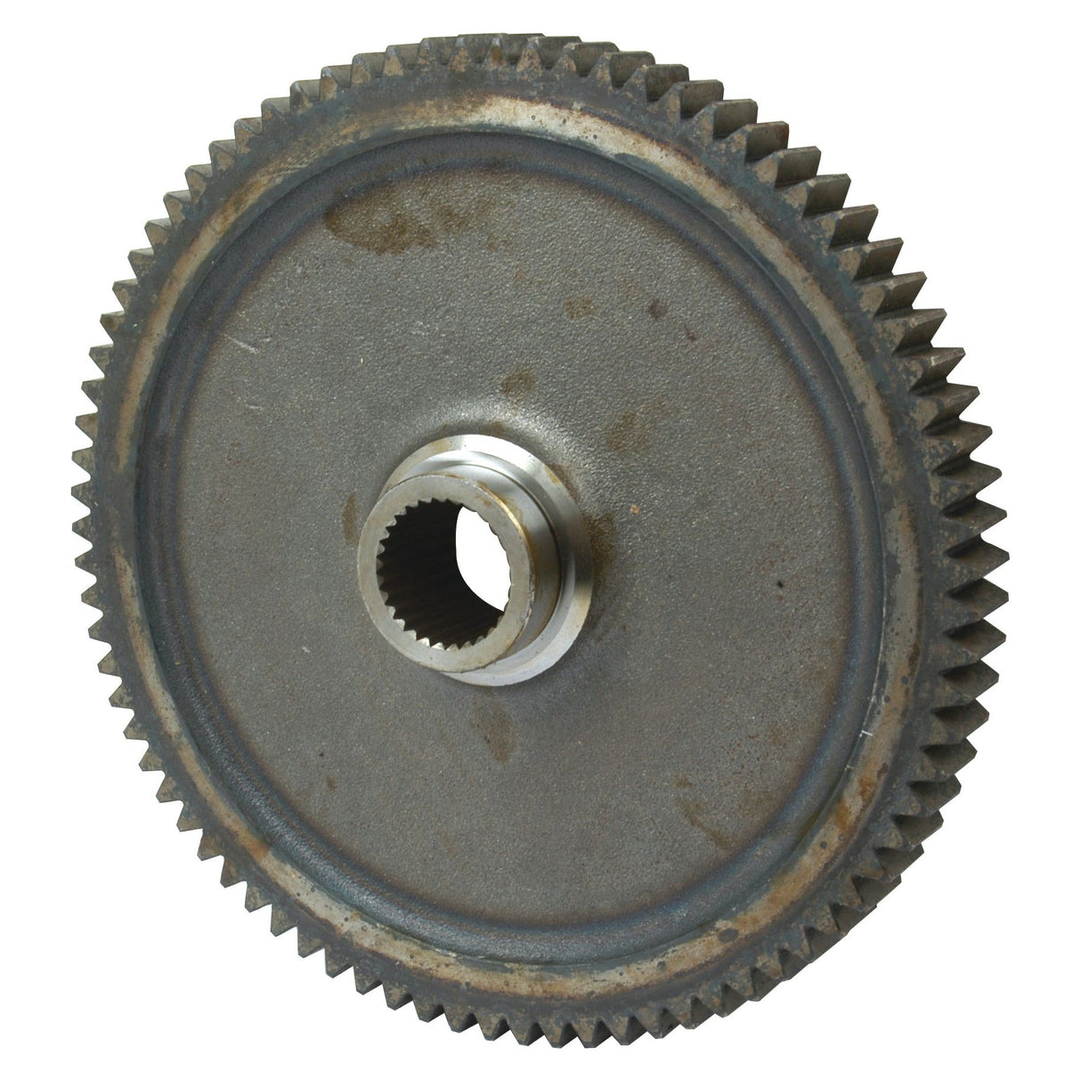 A close-up of the Transmission Gear PTO - S.65350 by Sparex, showcasing its large, round metal structure with evenly spaced teeth splines along its circumference and a central hole for attachment.