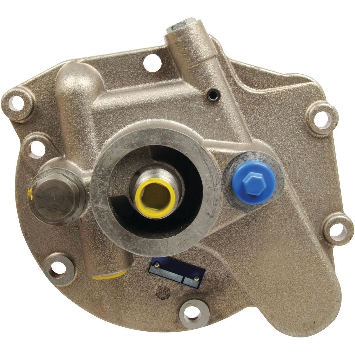 Close-up of the Sparex Hydraulic Pump (Part No. S.65385) with several bolts, a blue cap, and a yellow insert in the center, likely part of an engine or transmission-mounted hydraulic pump.