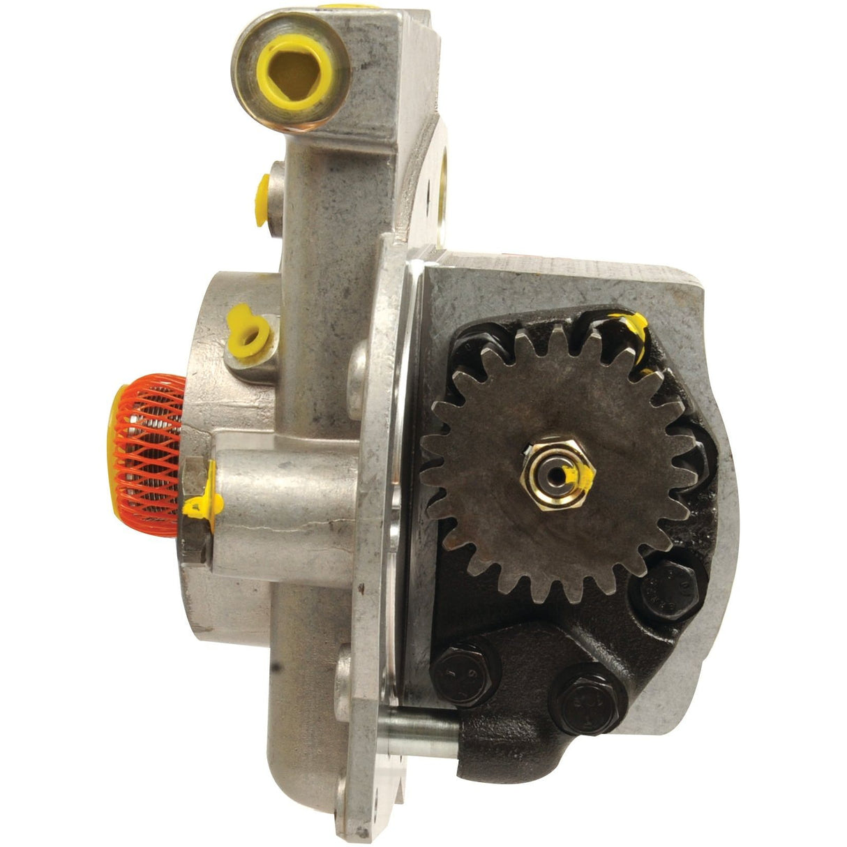 A close-up of the Sparex Hydraulic Pump (Part No. S.66326) showcasing its intricate workings, including a large gear and several connecting parts in yellow and orange.
