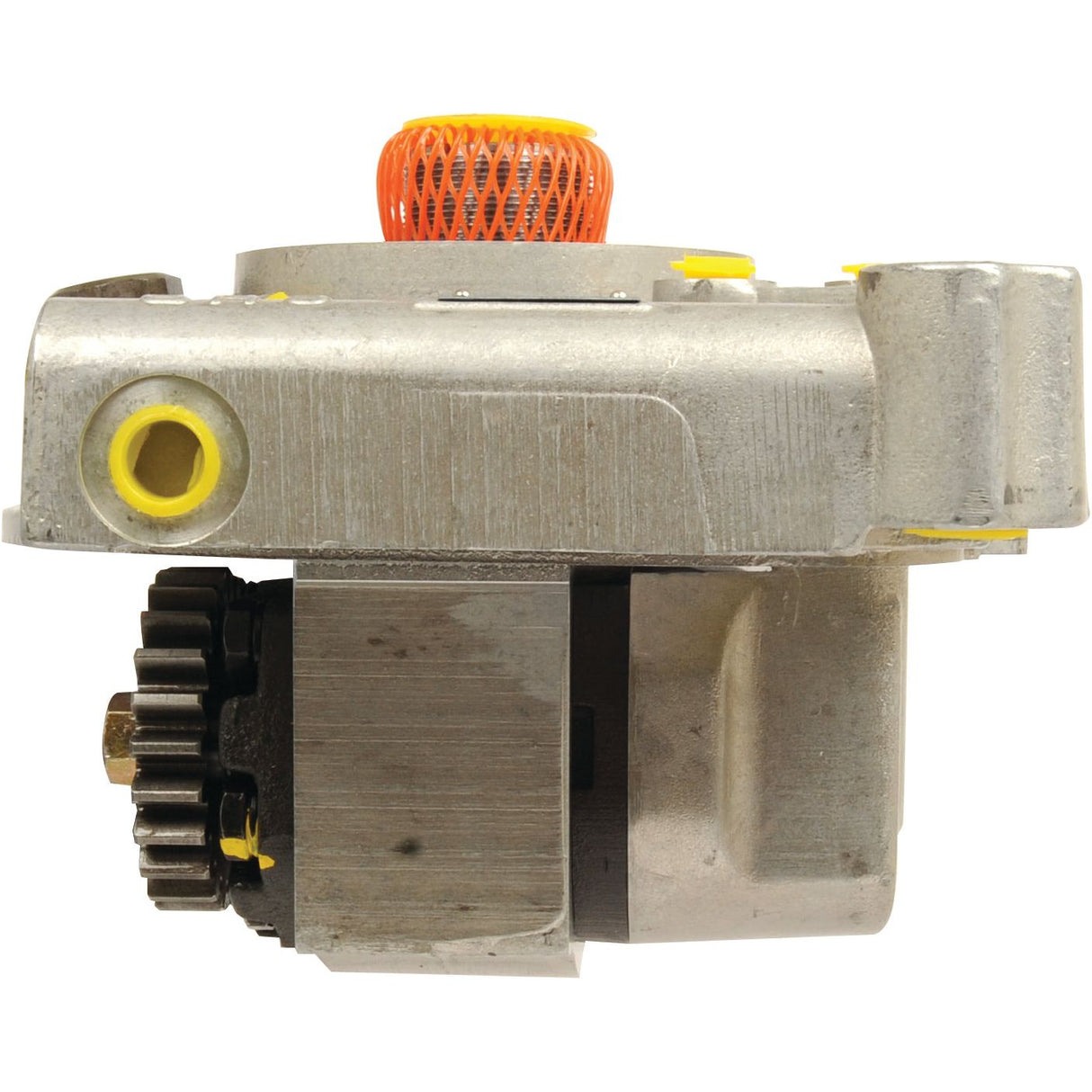 Close-up of a Sparex metal mechanical part with a gear and a yellow cap, possibly the Hydraulic Pump | Sparex Part No.S.66326, alongside various other components.