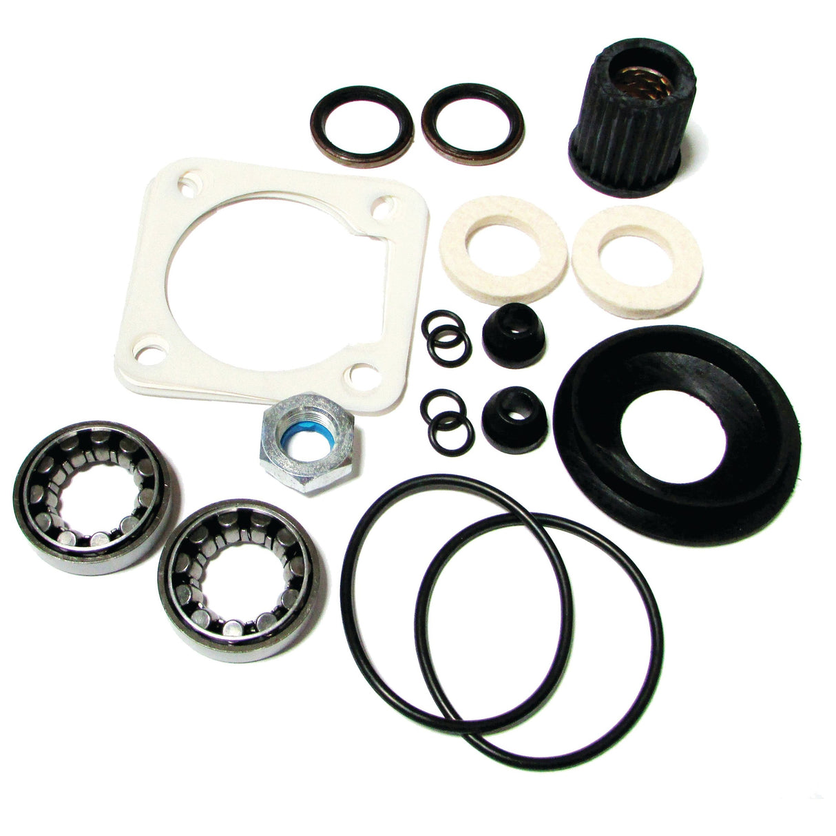A Repair Kit, Sparex Part No. S.67149, for Ford / New Holland 2000 tractors by Sparex, featuring a collection of mechanical parts including bearings, O-rings, washers, a nut, and various sealing components arranged on a white background.