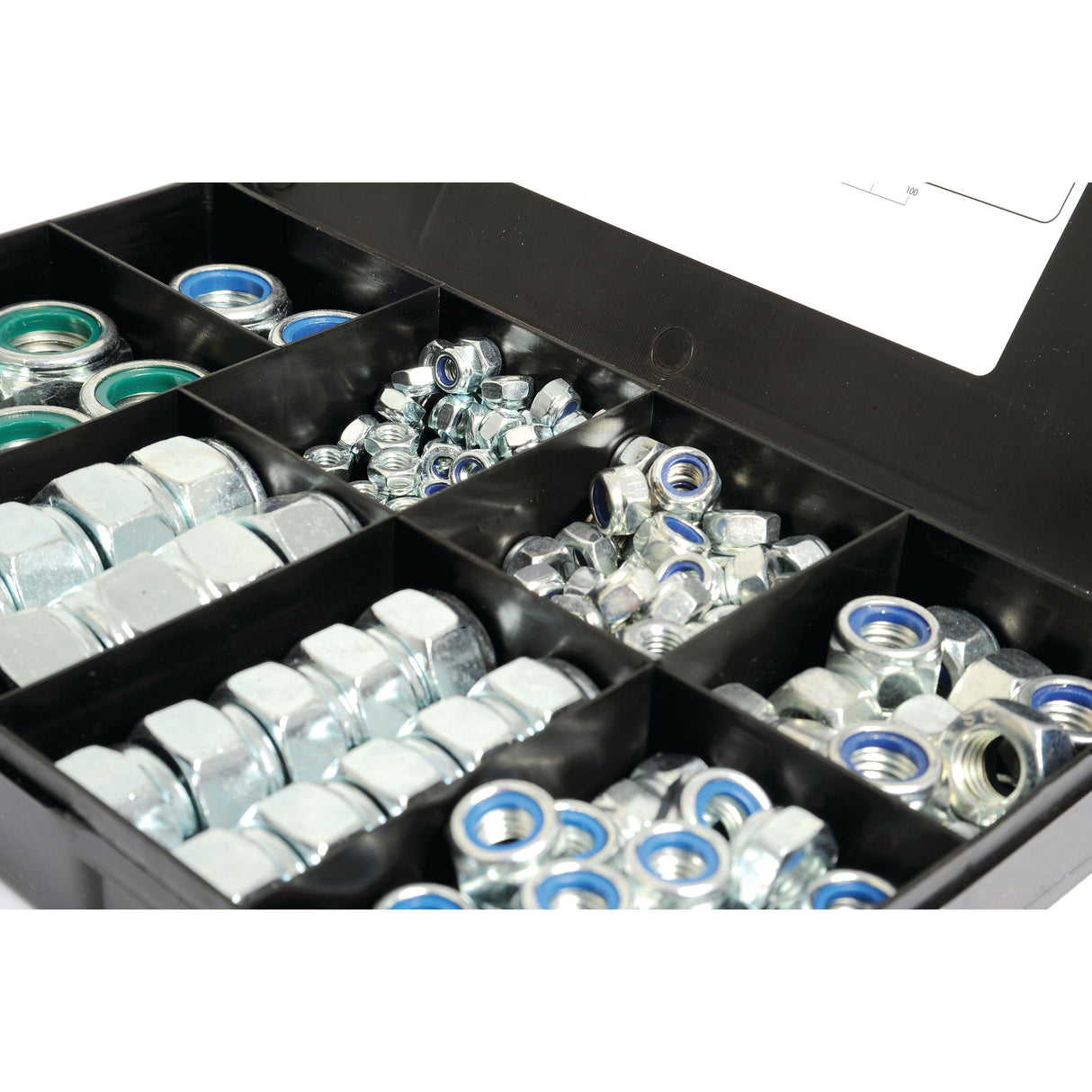 A plastic organizer box containing assorted Sparex hex nuts, including M6 - 20x1.00 - 2.50mm (DIN 985) metric self-locking varieties, some with blue and green nylon inserts, all zinc-plated and separated into different compartments.