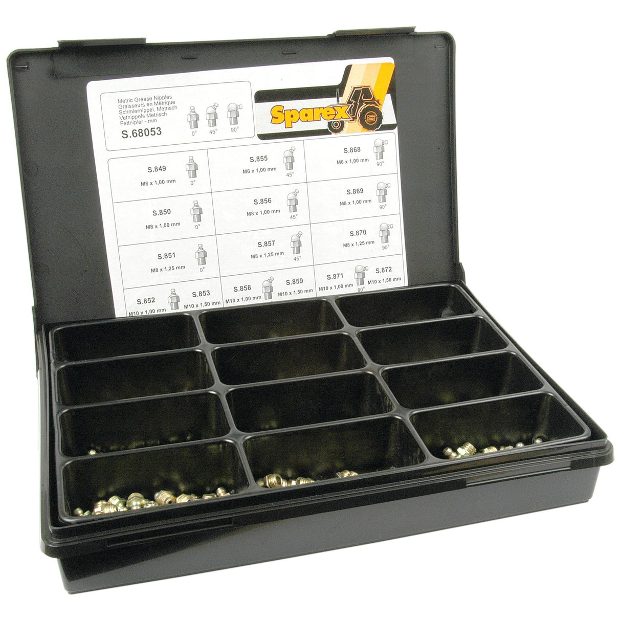 A black plastic Grease Nipple - M6, M8, M10 Assorted (Compak 280 pcs.) - S.68053 organizer box from Sparex holds various small metallic parts. The inside of the lid features a chart with item descriptions and part numbers for easy reference of the assorted contents.
