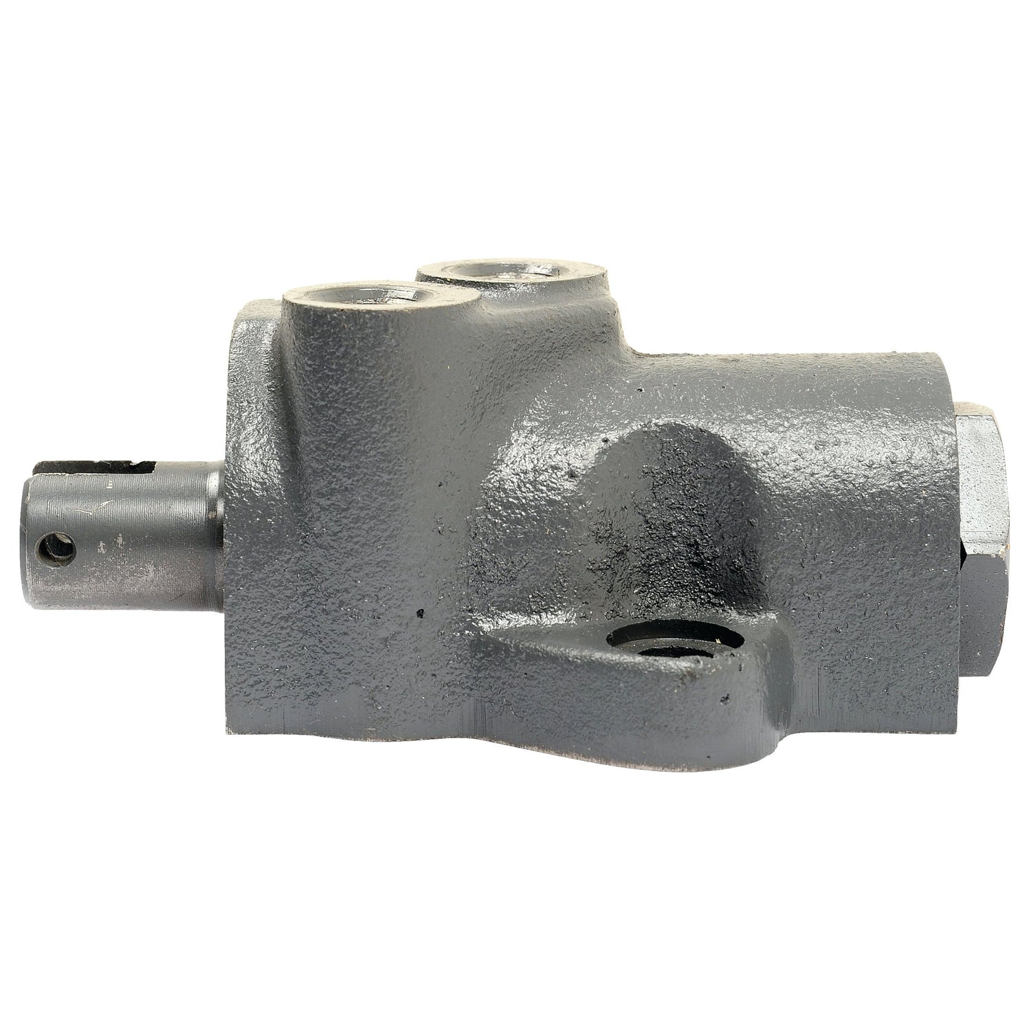 The Valve Assembly (Sparex Part No. S.68325) by Sparex is a metallic, industrial component featuring a cylindrical shaft protruding from a robust, angled base with two visible openings on top. Reminiscent of those found in Massey Ferguson machinery, the surface has a textured, matte finish.