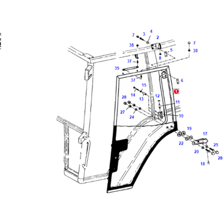 A technical diagram illustrating the components of the AGCO Fendt - Door Left H816810030330 assembly, specifically fitting Fendt models such as the Fendt Favorite 514c, with numbered parts labeled in blue and red.