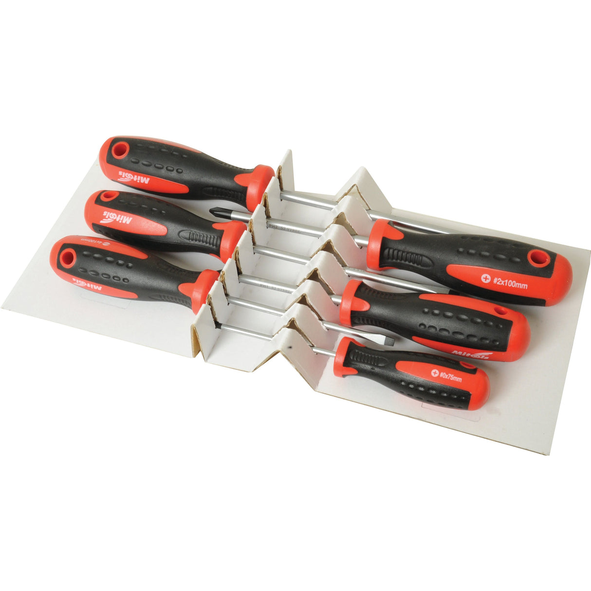 The Sparex (6 pcs.) Screwdriver Set - S.29499 features six screwdrivers with red and black handles, ideal for a range of tasks, presented on a white card holder and arranged in two rows of three.