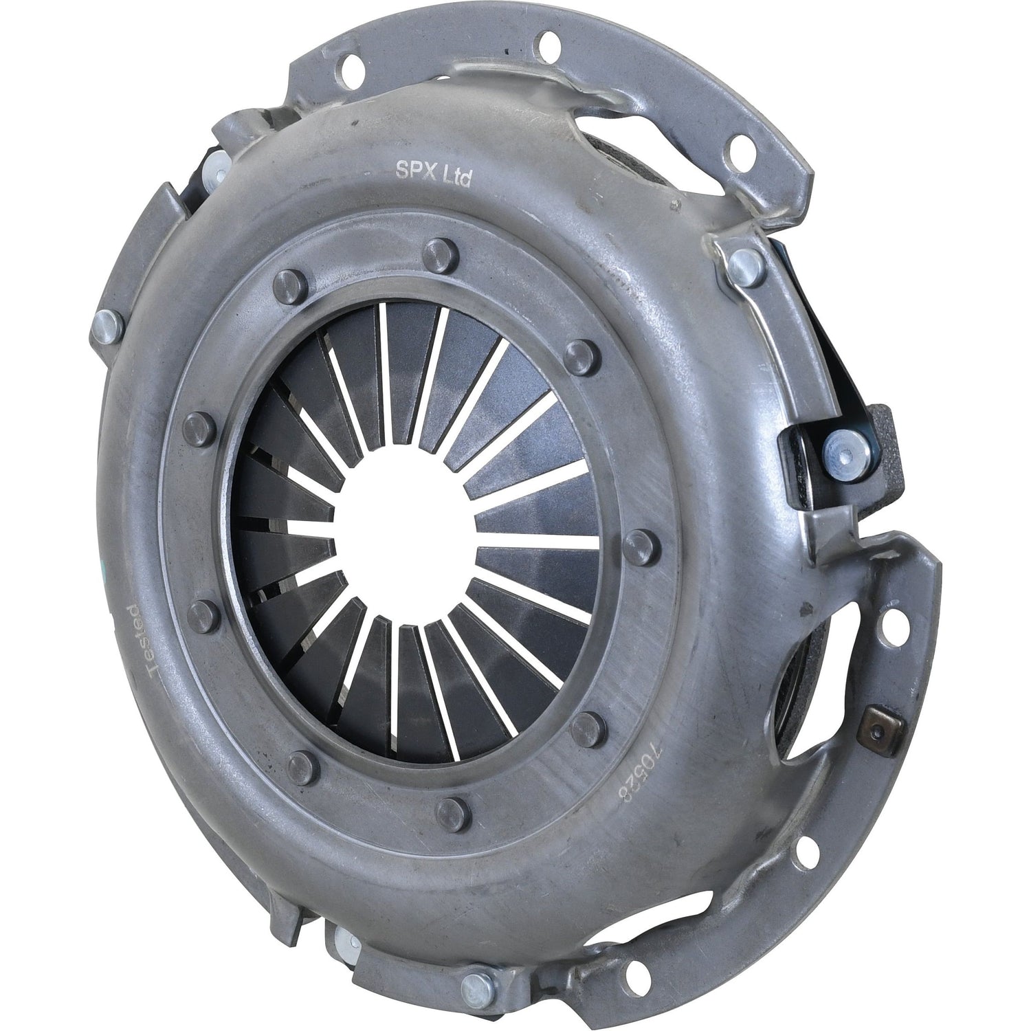 Here is a revised sentence using the given product data:
A Sparex Clutch Cover Assembly - S.70528 with radial spring fingers and multiple bolt holes around the perimeter, featuring a 200mm metal car clutch pressure plate.