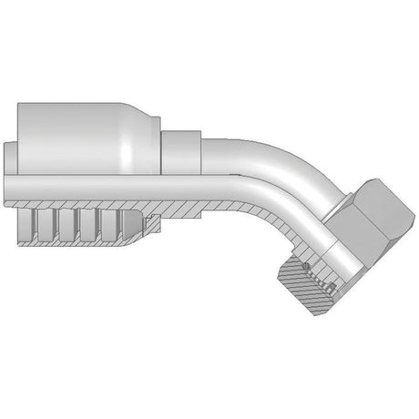 Side view of a cutaway diagram of a Sparex 70 Series 3/4'' INSERTXM30 135 DEG F hydraulic hose fitting (Sparex Part No. S.7443012) with an angled connector, showing internal components including threads and a sealing surface.