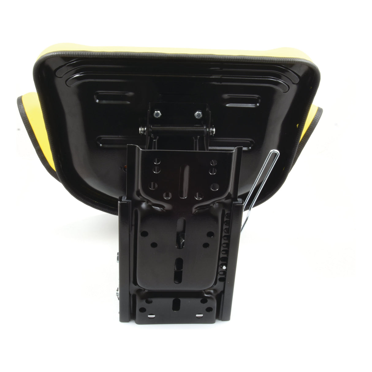 A Sparex Seat Assembly - S.71071, featuring a metal mounting bracket attached to the underside of a yellow vinyl seat with black cushioning.