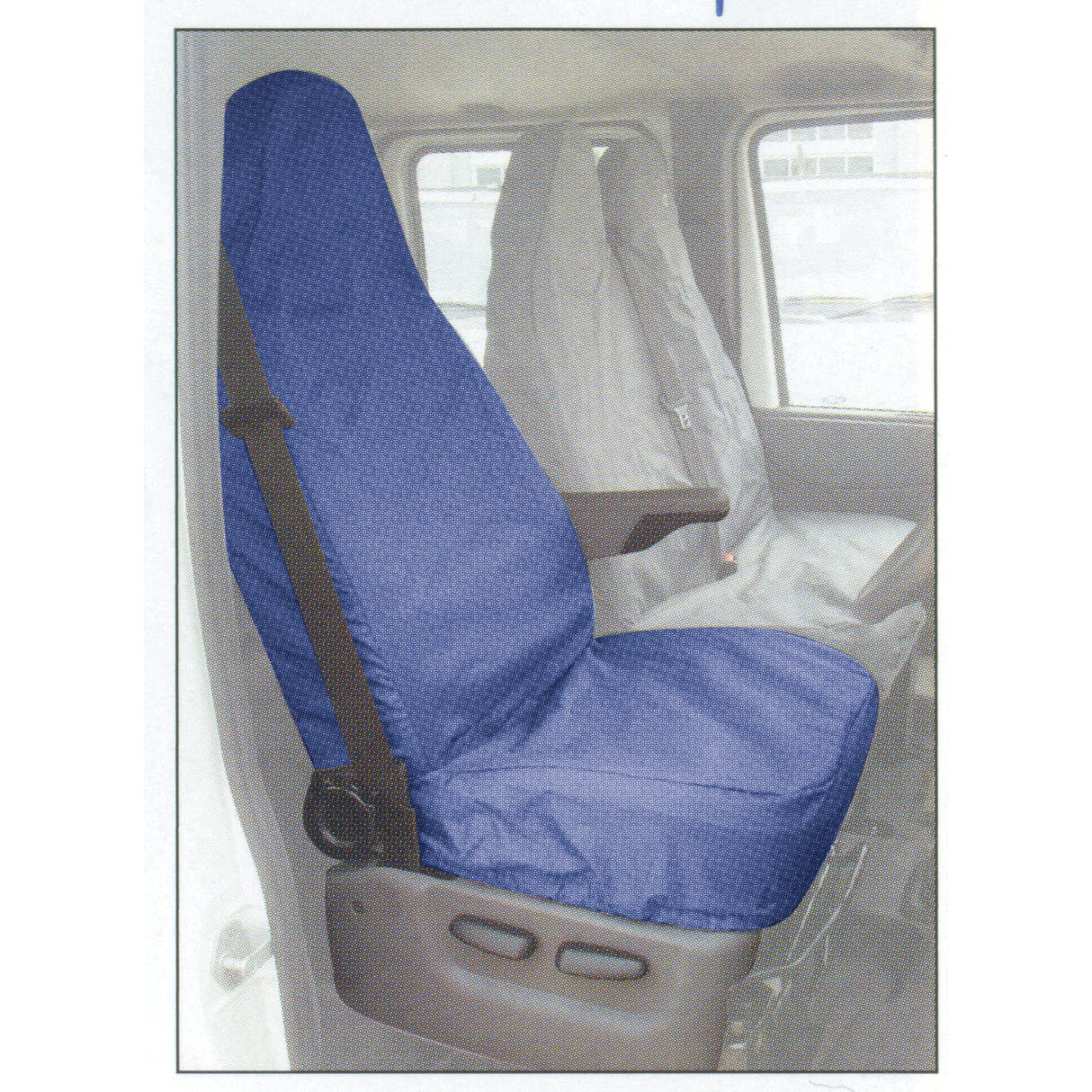 Image of two car seats covered with Sparex "Seat Cover - Transit >2007 - S.71849." The front seat features a washable, blue cover with the seat belt visible over it, while the back seat is fitted with a grey cover.