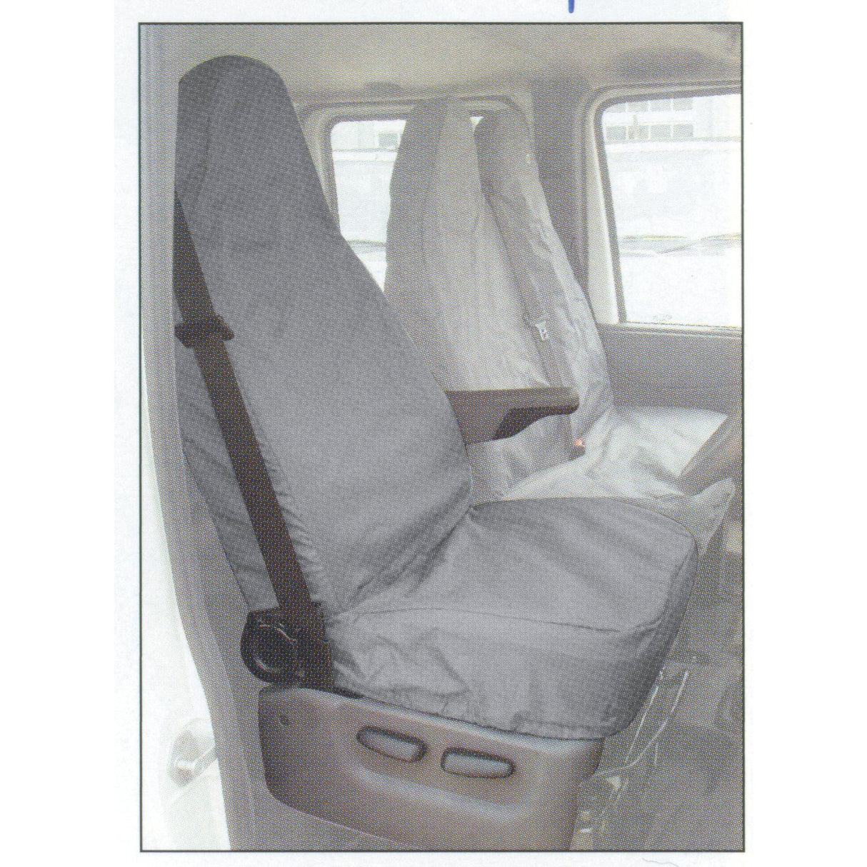 The front seats of the vehicle are fitted with Sparex's Seat Cover - Transit >2007 - S.71850, featuring a grey protective fabric that is waterproof to protect against spills, while keeping the seatbelts clearly visible.