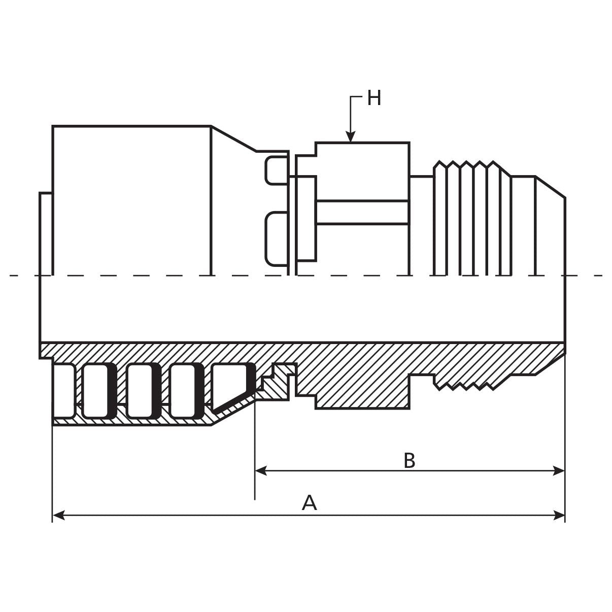 Technical drawing of the Parker JIC Hose Insert 3/4'' x 1 5/16'' x 12'' Male Straight - S.7212112 by Sparex, featuring labeled dimensions A, B, and H. The diagram includes cross-sectional views and detailed features of the part's structure, specifically highlighting the JIC thread for compatibility with Parker hose fittings.