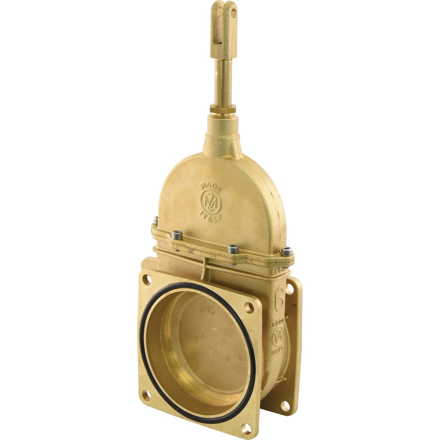 The Sparex Gate valve - Double flanged 6'' - S.72331 is a brass industrial valve with a rounded base, four bolt holes, and a vertical handle on top, featuring double flanged connections.